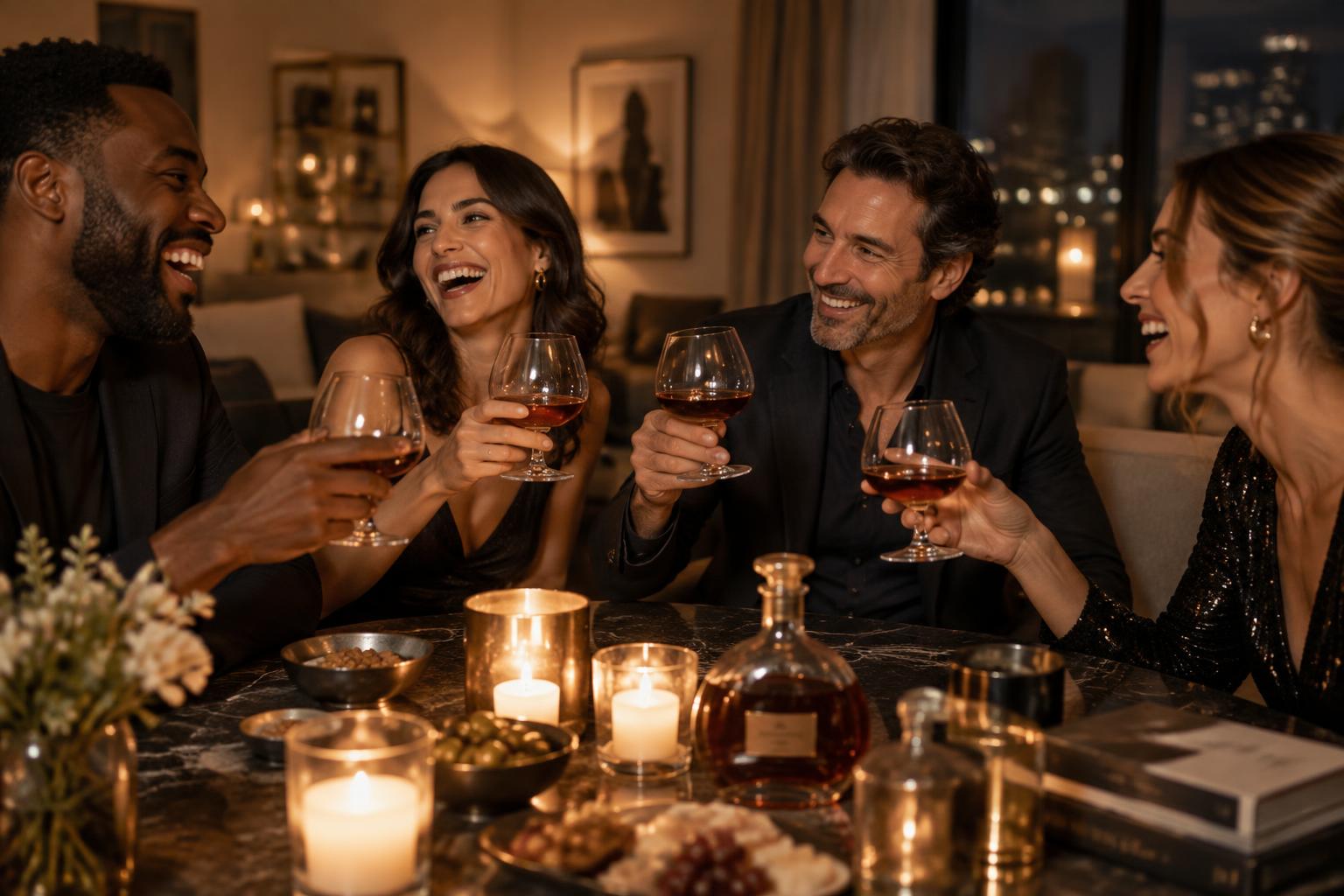 Friends toasting with cognac glasses at an intimate candlelit gathering